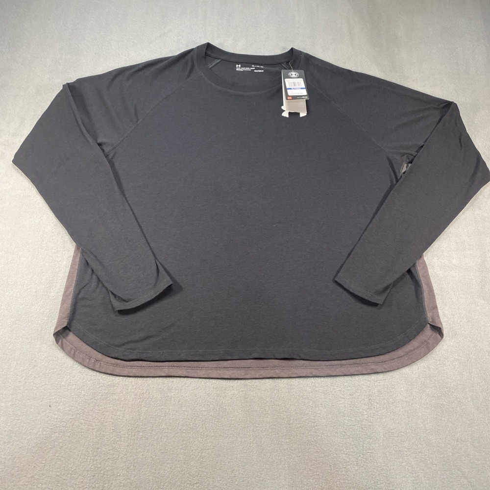 Under Armour Womens Loose Athletic Top Heat Gear Long Sleeve Black Gray XL NWT